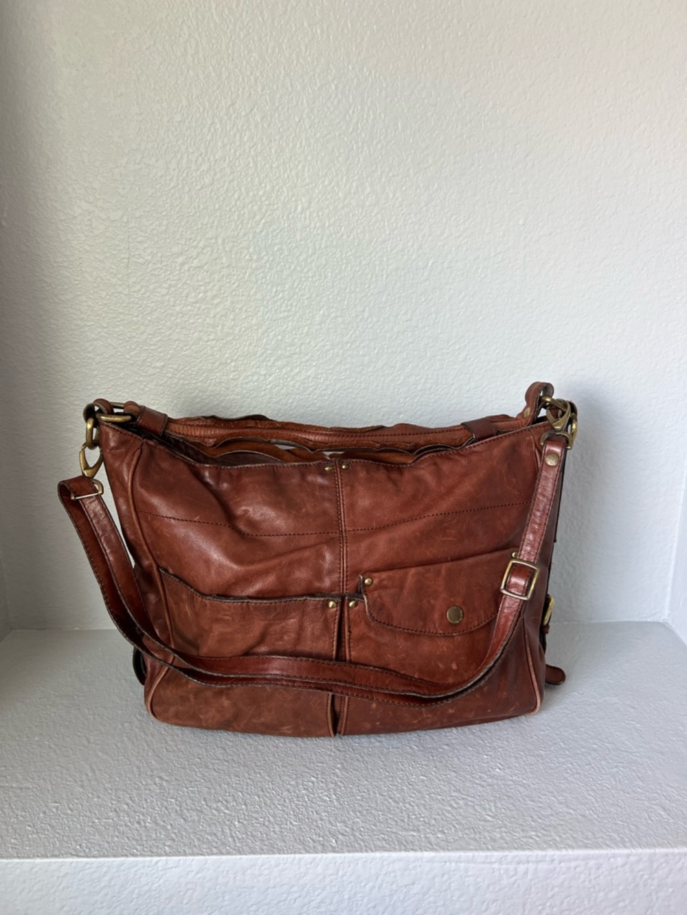H&M Brown Leather Shoulder Bag with Front Pockets